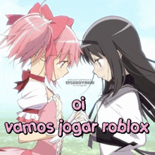 a picture of two girls with the words vamos jogar roblox
