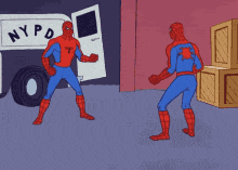 a cartoon of two spider-man standing in front of a nypd van