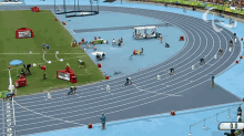 a track and field stadium with the number 04 in the corner