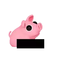 a pink pig is standing next to a black square .