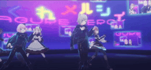 a group of anime characters are dancing in front of a sign that says ague