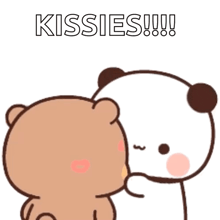 a teddy bear and a panda bear are kissing each other and the panda bear is blowing a heart .