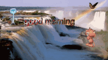 a waterfall with a cat holding a newspaper and the words good morning