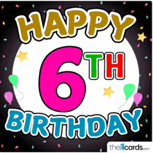 a card that says happy 6th birthday with balloons and stars