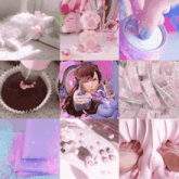 a collage of pink and purple images including a video game character