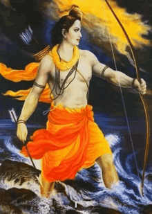 a painting of a man holding a bow and arrow in the water