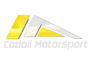 a logo for codoil motorsport with a yellow triangle on a white background