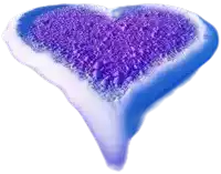 a blue and white heart shaped object with purple powder on it