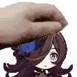 a pixel art of a hand holding a girl 's head with a blue rose on it .