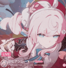 a girl with pink hair and blue eyes is on a screen with a live button