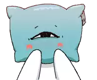 a cartoon drawing of a blue pillow with two hands covering its face