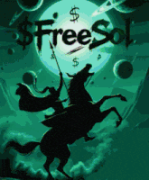 a man riding a horse with the word freesol on the top
