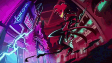 a cartoon character is flying through the air while holding a sword in front of a neon sign .