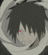 a black and white drawing of a man with red eyes and a snake around his neck .