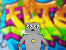 a cartoon of a robot standing in front of a graffiti wall with the word peace on it