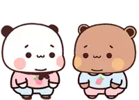 two cartoon bears are standing next to each other holding their stomachs