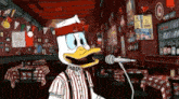 a cartoon duck singing into a microphone in a restaurant