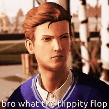 a man in a blue sweater says bro what the flippity flop .
