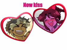 a couple of heart shaped mirrors with the words now kiss on top