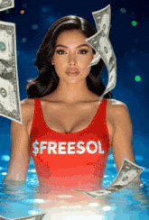 a woman wearing a red tank top that says $ freesol