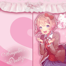 a girl with a bow on her head is on a pink background that says angelic pretty