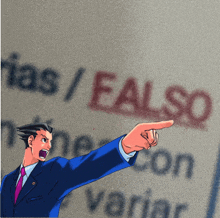 a man in a suit and tie is pointing at the word " falso "