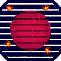 a blue and white striped background with a red circle in the center