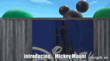 a sign that says introducing mickey mount is behind a fence