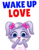a cartoon rabbit with a pink bow on her head and the words wake up love behind her