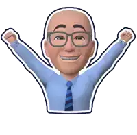 a cartoon man with glasses and a blue shirt and tie is raising his arms in the air