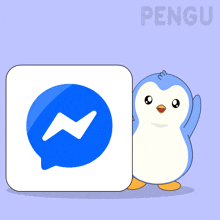 a penguin stands next to a messenger icon