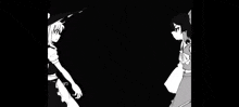 a black and white drawing of two anime girls dancing in a dark room .