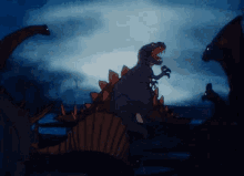 a cartoon of a stegosaurus surrounded by other dinosaurs in a dark forest .