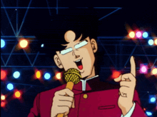 a cartoon character is holding a microphone and pointing up