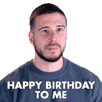 a man with a beard is wearing a blue shirt that says " happy birthday to me "