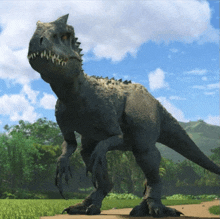 a cartoon dinosaur is standing in a grassy field with trees in the background