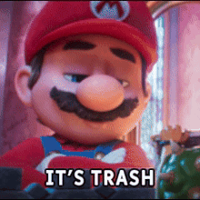 a picture of mario with the words it 's trash written below him