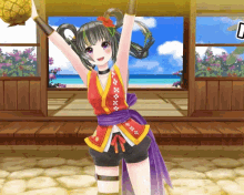 a girl in a kimono is holding a pineapple in front of a window