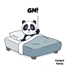 a panda bear laying in bed holding a sign that says " gn "