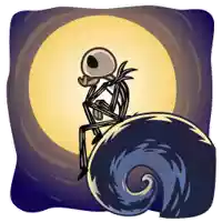 a cartoon drawing of a skeleton sitting on a swirl in front of a full moon