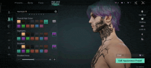 a man with purple hair and a black tattoo on his face