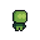 a pixel art illustration of a green monster with a blue cross on his head .