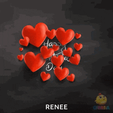 a valentine 's day card with red hearts and the name renee