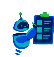 a blue robot is holding a clipboard with boxes on it