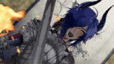 a woman with blue hair and horns is holding a sword and shield