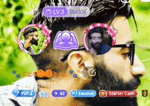 a man with a beard and glasses has a purple badge that says lv.3 buddy