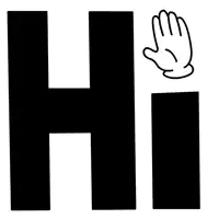 a black and white drawing of a hand reaching out towards the word hi .