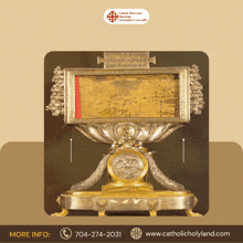 an advertisement for catholic holy land shows a gold item