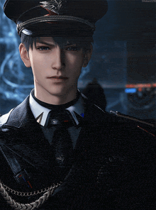 a close up of a man wearing a hat and tie with the letters mc on the bottom right