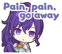 a cartoon of a girl with purple hair holding a bandage and the words pain pain go away